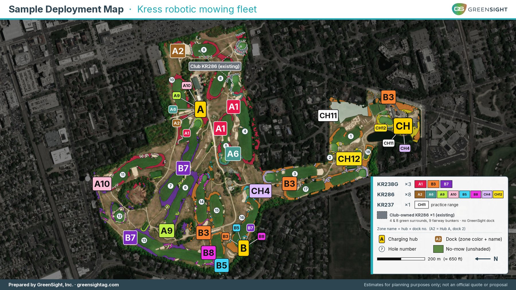 Sample GreenSight deployment map: each Kress robot's mowing zone, dock and acreage